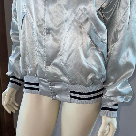 Vintage Satin Silver Gray Striped Rare Eagle Patch Nylon Bomber Jacket Men’s Lar - Picture 4 of 13